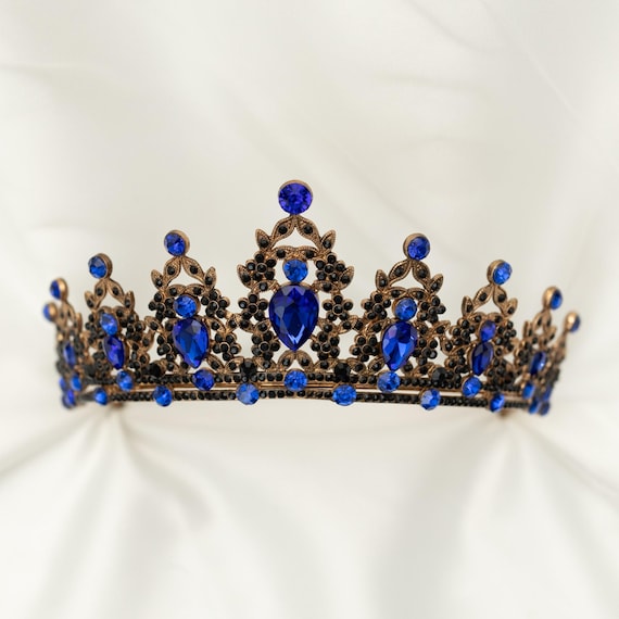 Vintage Gold Tiara with Bright Blue Crystal Gems STUNNING GOLD CROWN/TIARA WITH SAPPHIRE BLUE & CLEAR  main image 4