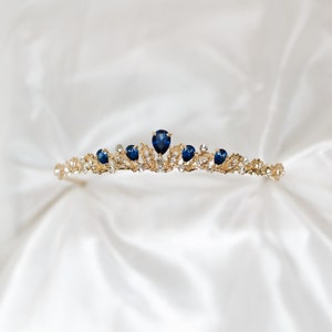 Sadie&#39;s Tiara in Gold & Blue - Faux Sapphire, Clear Crystal, Small, Dainty, Light Weight