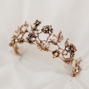 Lottie's Tiara - Leaf, Flower and Vine Details, Pearl Accents, Faux Diamond Clear Crystals