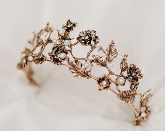 Lottie's Tiara - Vintage Gold Floral Pearl Tiara Bridal Crown, Renaissance Headpiece, Cottagecore Hair Accessory