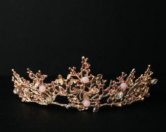 Verna’s Tiara - Pink Color Crystals, Gold Color Metal, Green Goddess Mother Nature Leaf Vine Coral Design