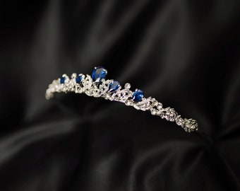 Sadie's Tiara in Blue & Silver - White Gold Color Metal, Faux Sapphire