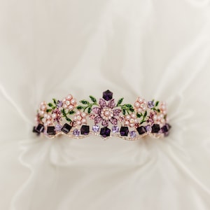Lola&#39;s Tiara - Purple & Lavender Crystals Faux Pink Pearls Flower Details