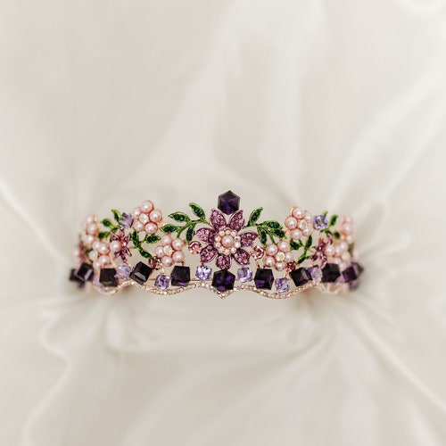 Pink Pearl & Purple Crystal Floral Tiara Headband Lilac Pearl Headband: Bridal Crystal Occasion Headpiece - Etsy main image 2
