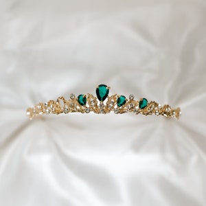 Sadie's Tiara in Green & Gold - Faux Emerald, Clear Crystal, Small, Dainty, Light Weight