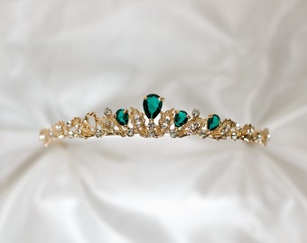 Sadie's Tiara in Green & Gold - Faux Emerald, Clear Crystal, Small, Dainty, Light Weight