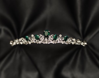 Sadie's Tiara in Green & Silver - White Gold Color Metal, Clear Crystal, Faux Emerald, Low Profile, Minimalist