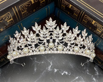 Sandy's Tiara - Clear Crystal Faux Diamonds, Faux White Pearls, Silver White Gold Color Metal, Leaf and Vine Design