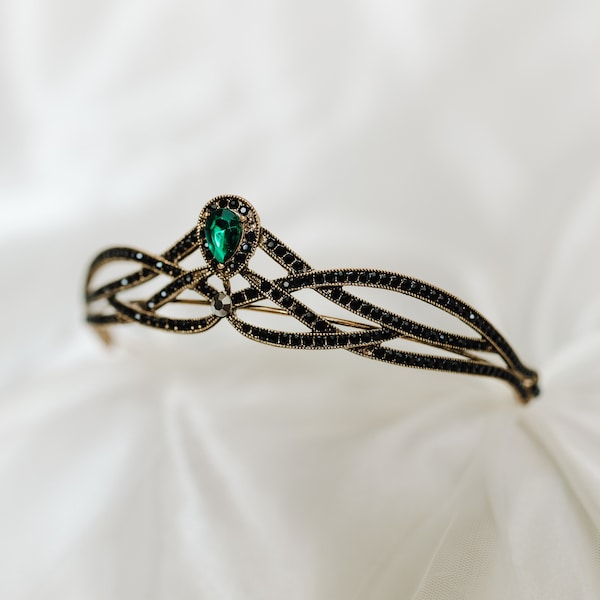 Fiona's Tiara in Green Faux Emerald & Black Color Crystals Set In Antique Gold Metal, Irish Celtic Inspired