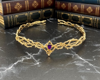 King's Crown in Yellow Gold Color Metal with Purple Faux Amethyst Color Crystal