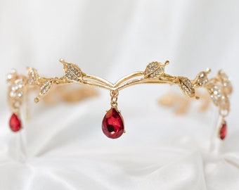 Octavia’s Crystal Drop Head Band in Gold Color Metal & Faux Red Ruby Crystals