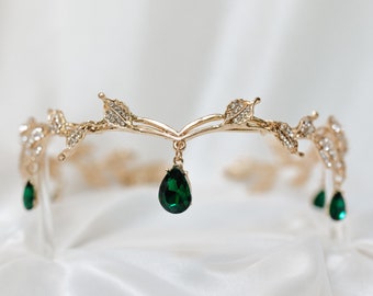 Octavia’s Crystal Drop Head Band in Gold Color Metal & Faux Emerald Green Crystal