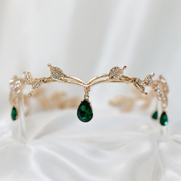 Octavia’s Crystal Drop Head Band in Gold Color Metal & Faux Emerald Green Crystal