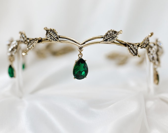 Octavia’s Crystal Drop Head Band in Antique Gold & Green