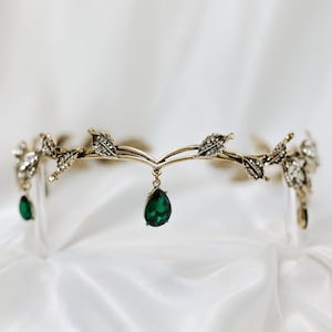 Octavia’s Crystal Drop Head Band in Antique Gold Color Metal & Faux Emerald Green Crystal