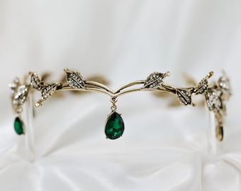Octavia’s Crystal Drop Head Band in Antique Gold Color Metal & Faux Emerald Green Crystal