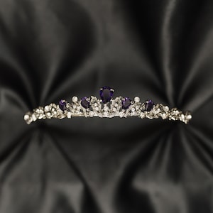 Sadie's Tiara in Silver & Purple - White Gold Color Metal, Faux Amethyst Purple Color Crystal, Low Profile, Minimalist