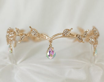 Octavia’s Crystal Drop Head Band in Gold Color Metal & Faux Opal Iridescent Crystal