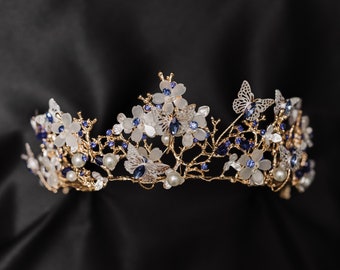 Verna’s Butterfly Tiara in Faux Sapphire Blue Crystals & Gold Color Metal