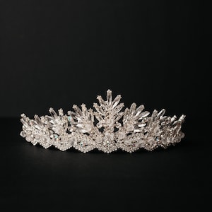 Petra&#39;s Tiara - Silver White Gold Color Metal, Faux Diamond Clear Crystal, Diadem Crown, Bride Bridal Wedding