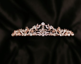 Delilah's Tiara in Rose Gold Pink Color Metal & Faux Diamond Clear Crystals