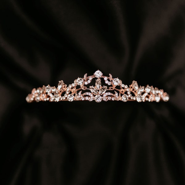 Delilah's Tiara in Rose Gold Pink Color Metal & Faux Diamond Clear Crystals