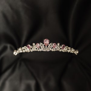 Sadie&#39;s Tiara in Silver & Pink - White Gold Color Metal, Faux Diamond, Low Profile Minimalist