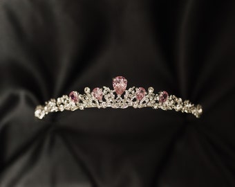 Sadie's Tiara in Silver & Pink - White Gold Color Metal, Faux Diamond, Low Profile Minimalist