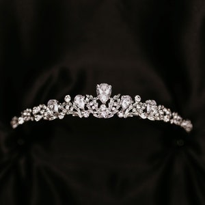 Sadie's Tiara in Silver - White Gold Color Metal, Clear Crystal, Faux Diamond, Low Profile & Minimalist