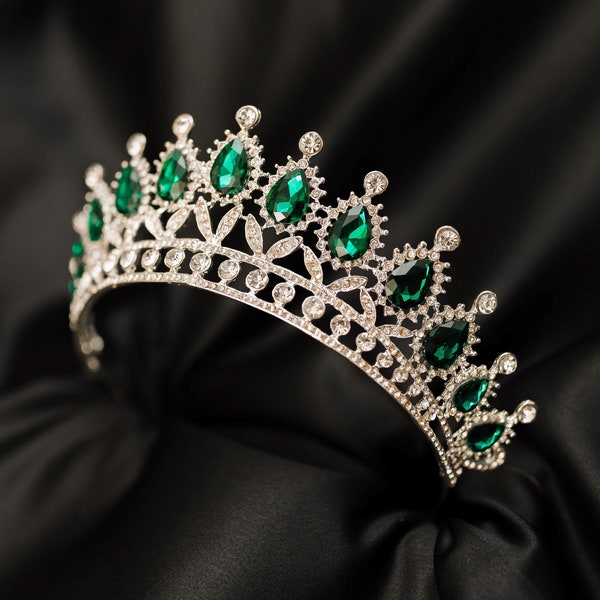 Saya's Tiara in Green Color Crystals Faux Emerald & Silver White Gold Color Metal