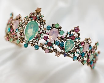 Michelle’s Tiara in Antique Gold, Blue Turquoise, Pink Color Crystals