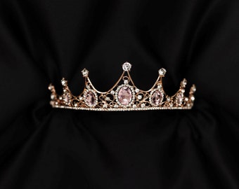 Cindy's Tiara in Rose Gold Pink Color Metal, Faux Diamond Clear Crystal, Pink Crystal