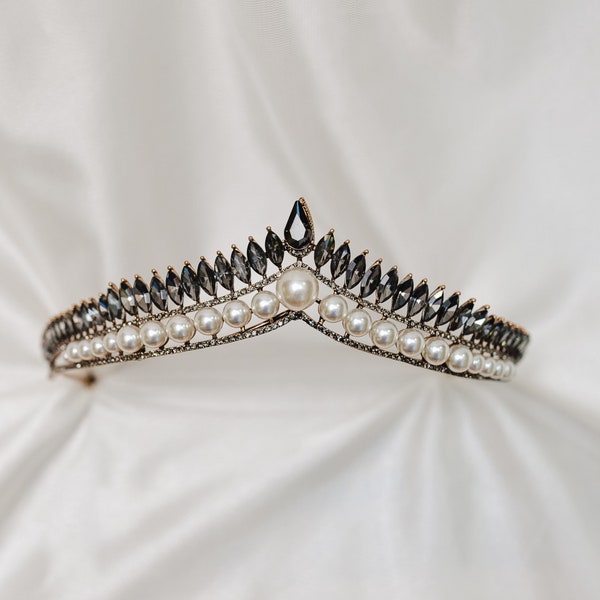 Cesca's Tiara - Gray Color Crystals, Faux White Pearls, Yellow Gold Color Metal