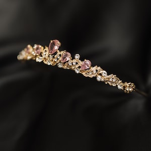 Sadie&#39;s Tiara in Pink and Gold - Yellow Gold Color Metal, Pink Crystal, Low Profile Minimalist Dainty Small Petite
