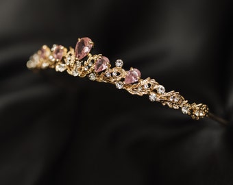 Sadie's Tiara in Pink and Gold - Yellow Gold Color Metal, Pink Crystal, Low Profile Minimalist Dainty Small Petite