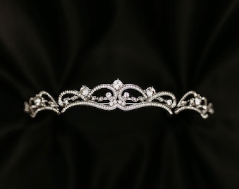 Elyse's Tiara in Silver - White Gold Color Metal, Clear Crystal, Faux Diamond, Low Profile & Minmalist