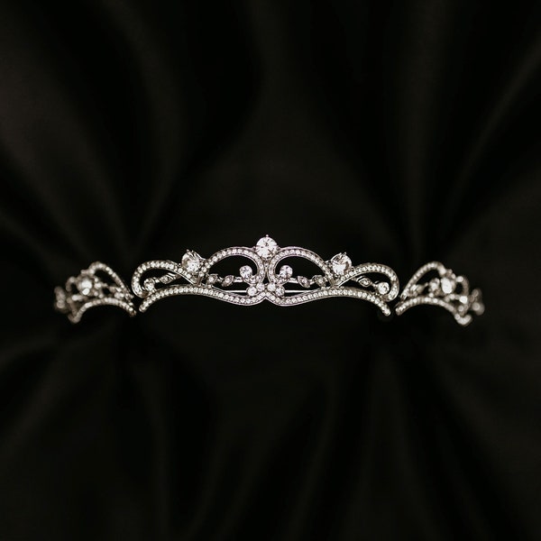 Elyse's Tiara in Silver - White Gold Color Metal, Clear Crystal, Faux Diamond, Low Profile & Minmalist