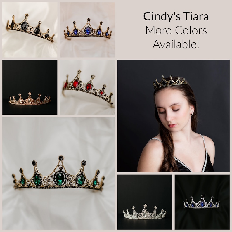May include: Gold tiara with various colored gemstones, including red, blue, green, and black. The tiara is shown on a white background and on a model's head. "Cindy's Tiara More Colors Available!" is written in the image.