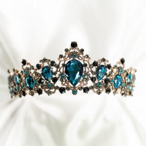Michelle&#39;s Tiara in Teal & Antique Gold - Teal Turquoise Blue Color Crystal in Antique Yellow Gold Color Metal