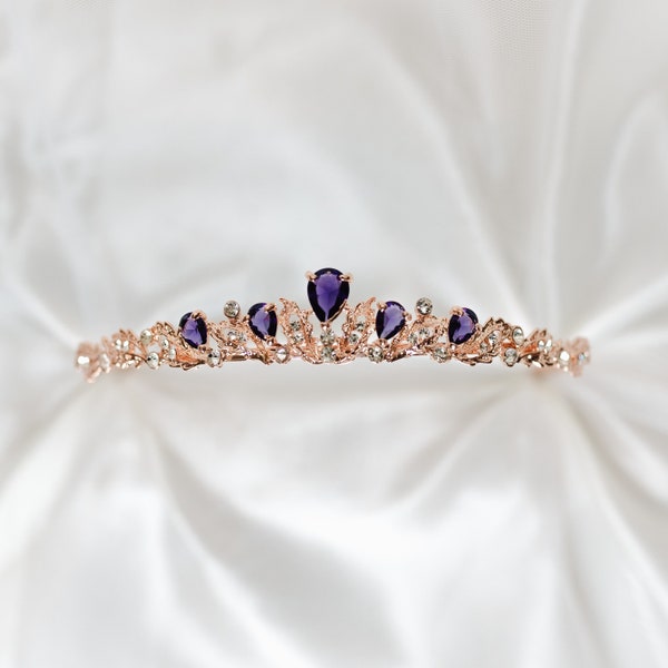 Sadie's Tiara in Purple and Rose Gold - Pink Color Metal, Faux Amethyst Purple Color Crystal, Low Profile Minimalist Dainty Small Petite