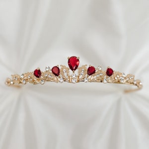 Sadie's Tiara in Red & Gold - Faux Red Ruby, Clear Crystal, Small, Dainty, Light Weight