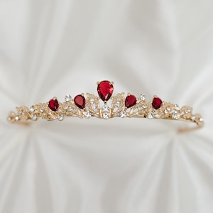 Sadie&#39;s Tiara in Red & Gold - Faux Red Ruby, Clear Crystal, Small, Dainty, Light Weight