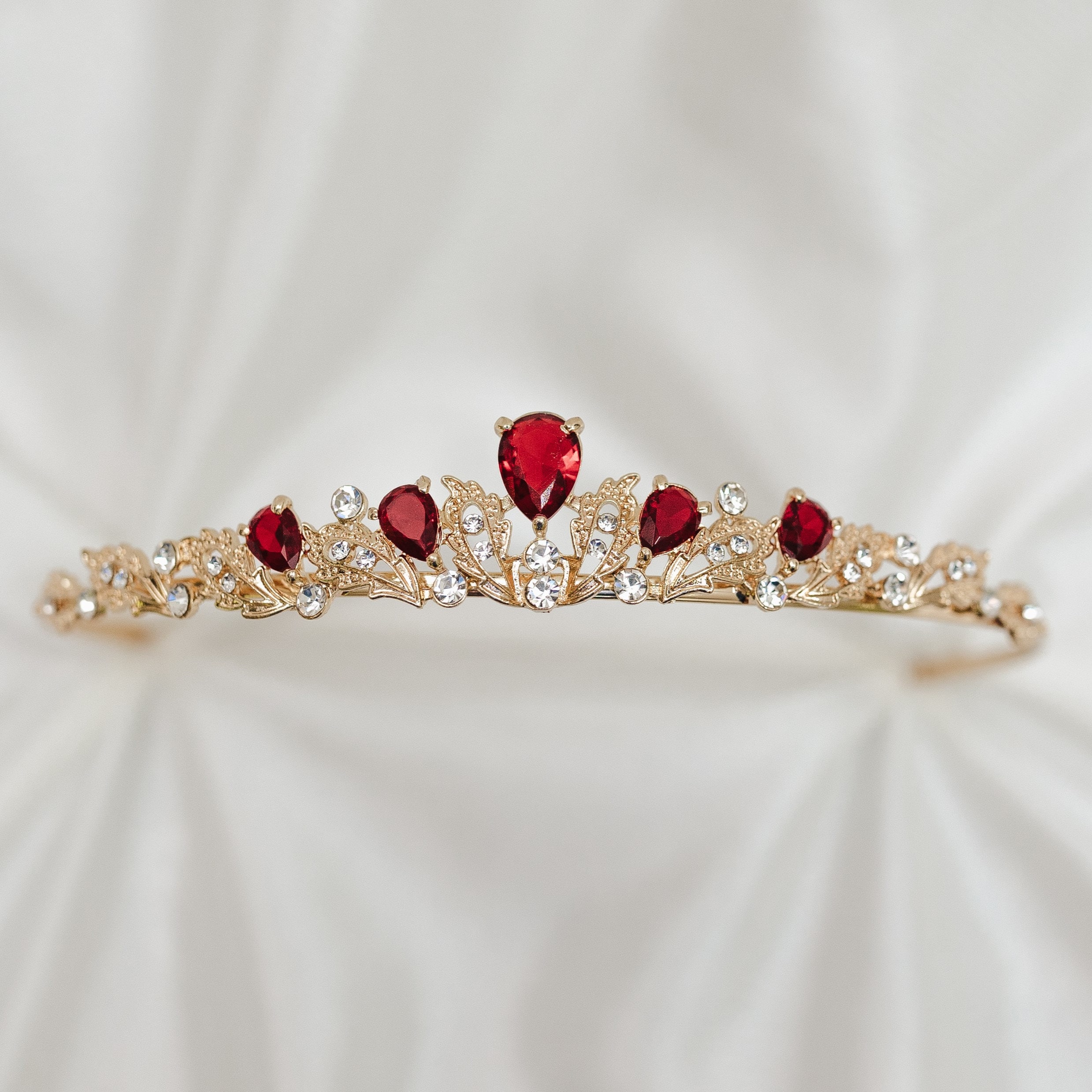 Gold Tiara with Red Gem Accents Gold Handmade Red Rhinestone Tiara Customize Color Wedding  main image 2