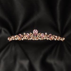 Sadie&#39;s Tiara in Pink and Rose Gold - Pink Color Metal, Pink Color Crystal, Low Profile Minimalist Dainty Small Petite