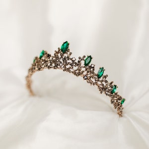 Liesel’s Tiara - Green Crystal Faux Emerald Antique Gold Color Metal