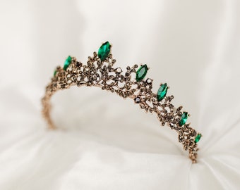 Liesel’s Tiara - Green Crystal Faux Emerald Antique Gold Color Metal