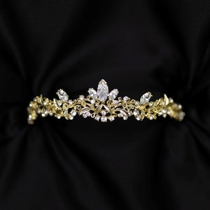 Roma’s Tiara in Yellow Gold Color Metal and Clear Crystal Faux Diamond Leaf & Vine Detail