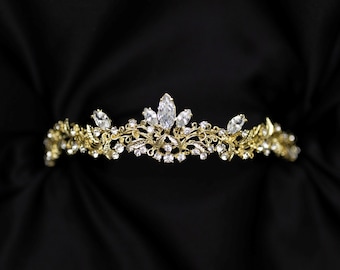 Roma’s Tiara in Yellow Gold Color Metal and Clear Crystal Faux Diamond Leaf & Vine Detail