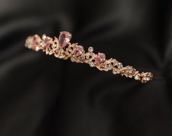 Sadie's Tiara in Pink and Rose Gold - Pink Color Metal, Pink Color Crystal, Low Profile Minimalist Dainty Small Petite