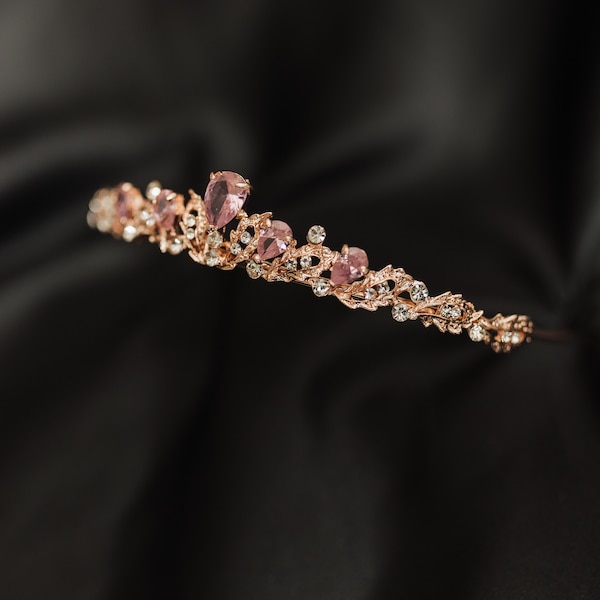 Sadie's Tiara in Pink and Rose Gold - Pink Color Metal, Pink Color Crystal, Low Profile Minimalist Dainty Small Petite